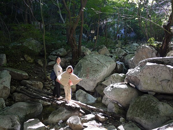 过木桥
连珠潭景区内游人不多，沿着小溪爬山，有个原木搭的桥，原以为语馨不敢过，没想到还摆了个姿势照相。
