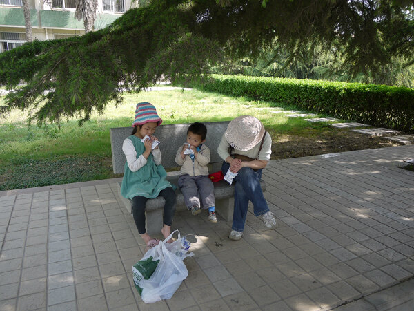 野餐
周末计划去野餐，跑了好几个商店也没买到野餐用的垫子。后来买了些食品，到南校区农学院门口，开始野餐。
