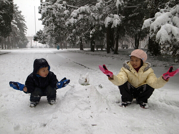 堆雪人
今天天气不算太冷，雪有些粘度，我们堆了一个小雪人。
