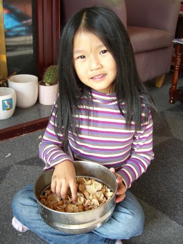 采蘑菇的小姑娘
雨后的草地上出了很多蘑菇，从幼儿园回来后采了一塑料袋煮汤喝。
